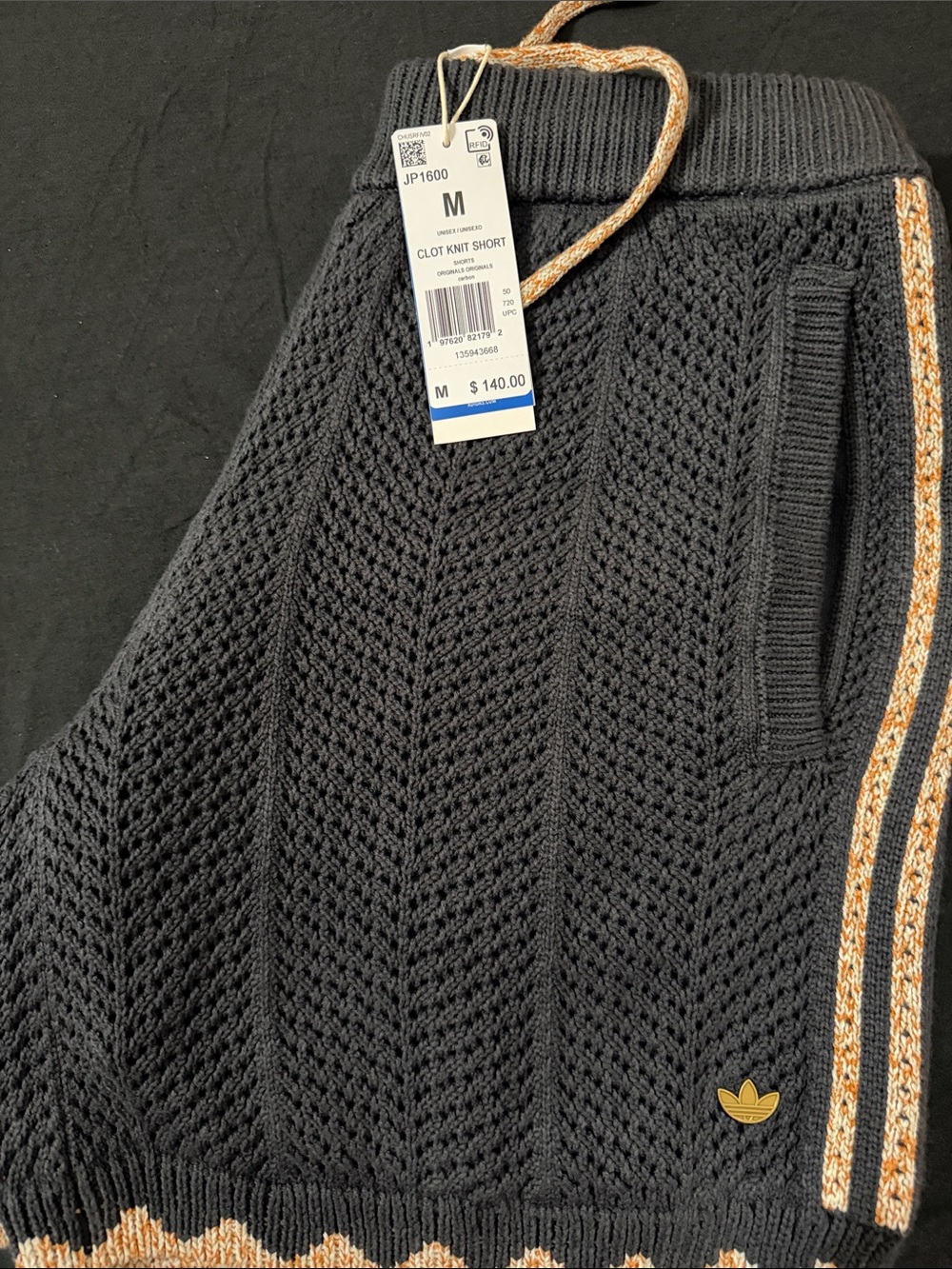 New Smoke grayish blue adidas clot Knit Drawstring Shorts with Gold Trim - Picture 2 of 4
